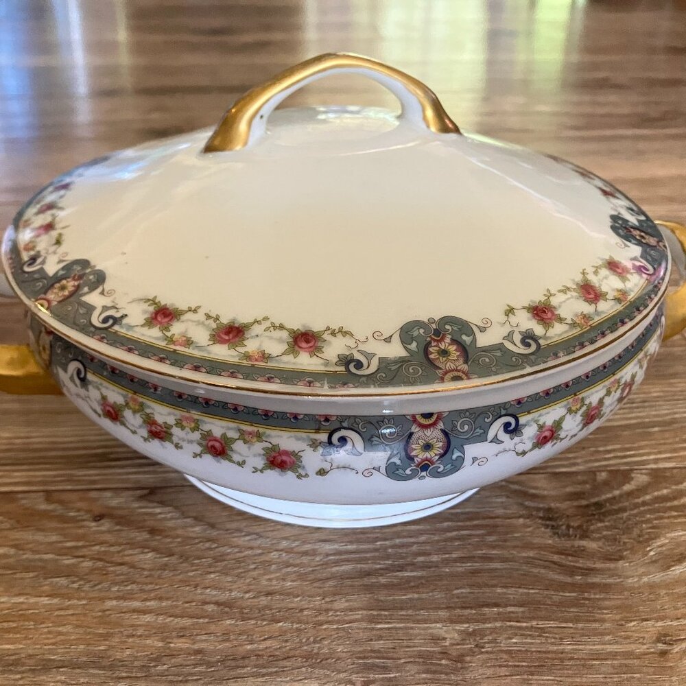 Victoria Czecho-Slovakia Covered Serving Dish Floral Design w/ Blue & Gold